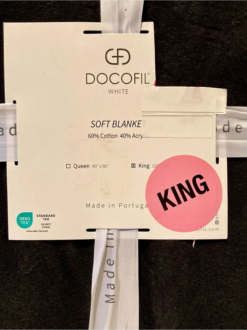 NWT “Docofil White” Soft King Blanket in Black with White Whipstitch Detail